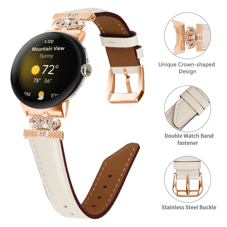 Rose Gold Buckle Watch Band for Google Pixel Watch / Pixel Watch 2 Crown Rhinestone Genuine Cowhide Leather Strap
