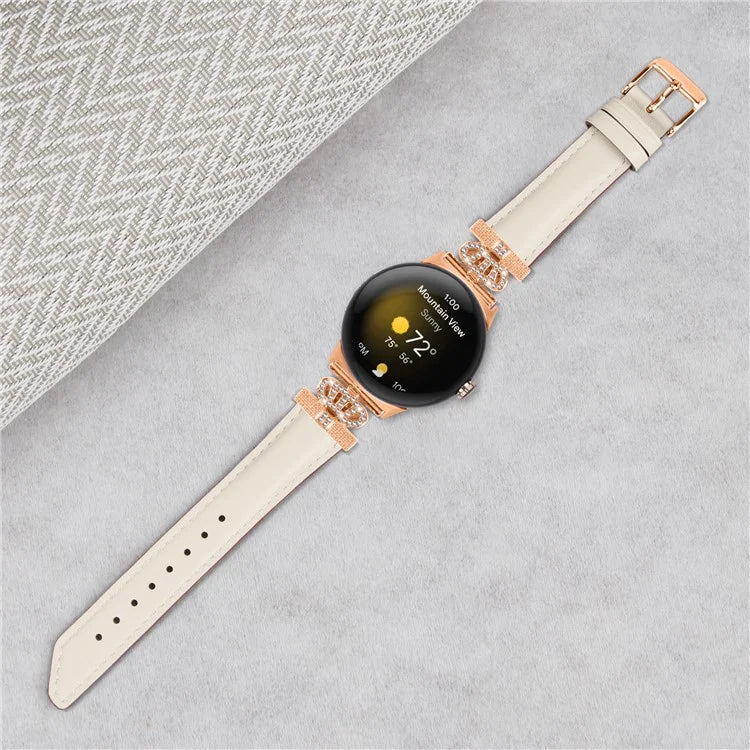 Rose Gold Buckle Watch Band for Google Pixel Watch / Pixel Watch 2 Crown Rhinestone Genuine Cowhide Leather Strap
