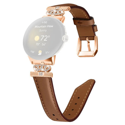 Rose Gold Buckle Watch Band for Google Pixel Watch / Pixel Watch 2 Crown Rhinestone Genuine Cowhide Leather Strap