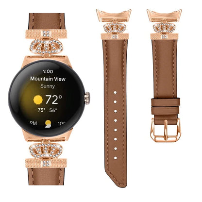 Rose Gold Buckle Watch Band for Google Pixel Watch / Pixel Watch 2 Crown Rhinestone Genuine Cowhide Leather Strap