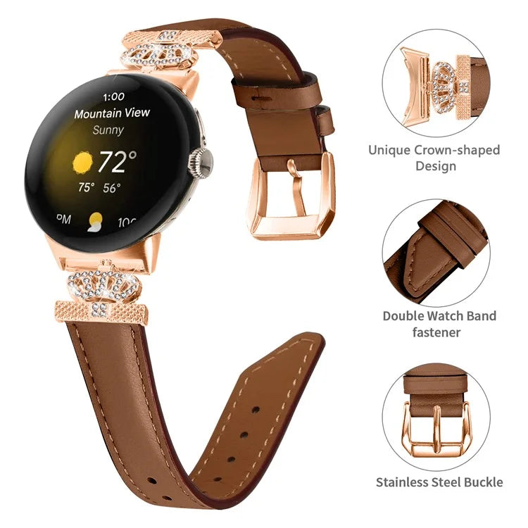 Rose Gold Buckle Watch Band for Google Pixel Watch / Pixel Watch 2 Crown Rhinestone Genuine Cowhide Leather Strap