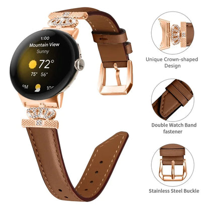 Rose Gold Buckle Watch Band for Google Pixel Watch / Pixel Watch 2 Crown Rhinestone Genuine Cowhide Leather Strap