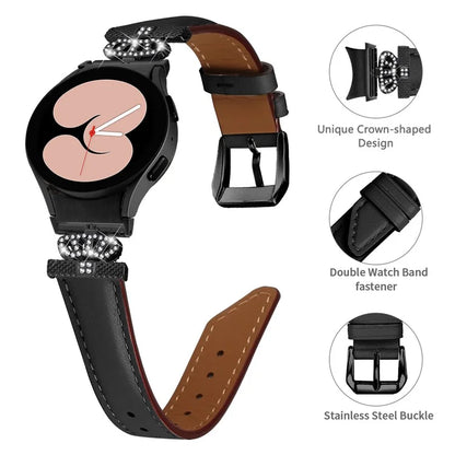 Black Buckle Band for Samsung Galaxy Watch6 40mm 44mm / Watch6 Classic 43mm 47mm Rhinestone Crown Connector Watch Strap Bracelet