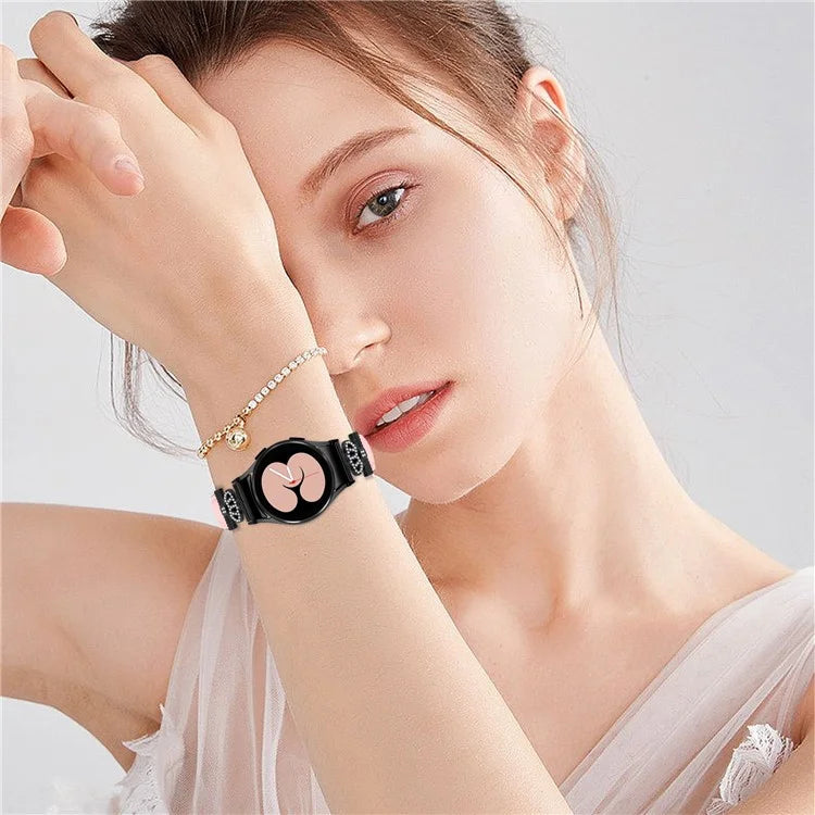 Black Buckle Band for Samsung Galaxy Watch6 40mm 44mm / Watch6 Classic 43mm 47mm Rhinestone Crown Connector Watch Strap Bracelet