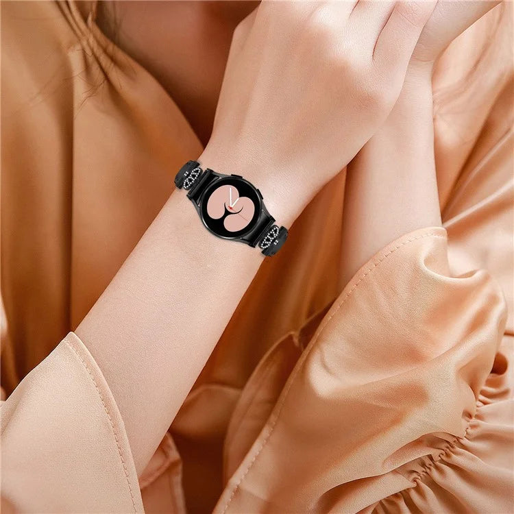 Black Buckle Watch Band for Samsung Galaxy Watch 5 / Watch4 44mm 40mm , Crown-shape Connector Rhinestone Strap