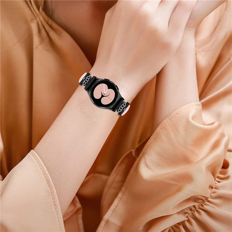 Black Buckle Watch Band for Samsung Galaxy Watch 5 / Watch4 44mm 40mm , Crown-shape Connector Rhinestone Strap