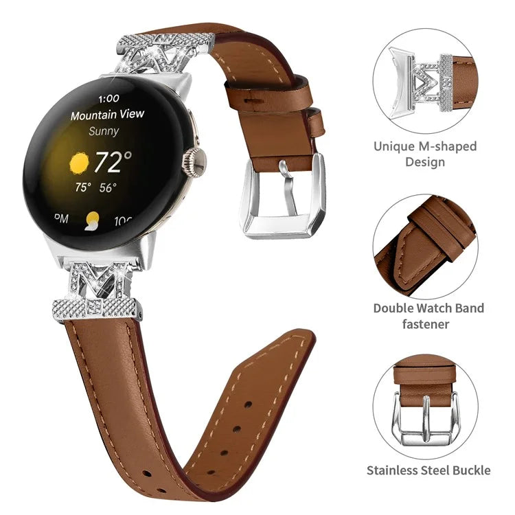 For Google Pixel Watch / Pixel Watch 2 Silver Buckle Genuine Cowhide Leather Watch Strap with M Shape Rhinestone Decor