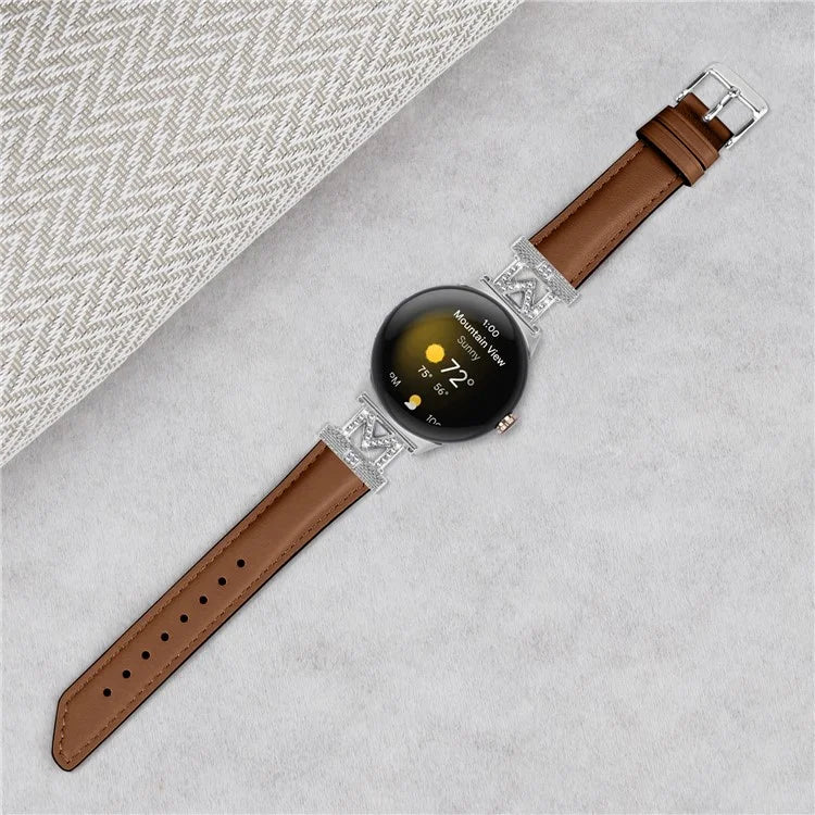 For Google Pixel Watch / Pixel Watch 2 Silver Buckle Genuine Cowhide Leather Watch Strap with M Shape Rhinestone Decor