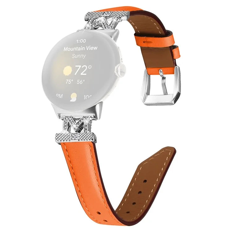 For Google Pixel Watch / Pixel Watch 2 Silver Buckle Genuine Cowhide Leather Watch Strap with M Shape Rhinestone Decor