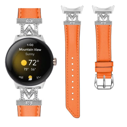 For Google Pixel Watch / Pixel Watch 2 Silver Buckle Genuine Cowhide Leather Watch Strap with M Shape Rhinestone Decor