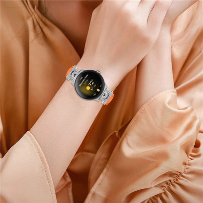 For Google Pixel Watch / Pixel Watch 2 Silver Buckle Genuine Cowhide Leather Watch Strap with M Shape Rhinestone Decor