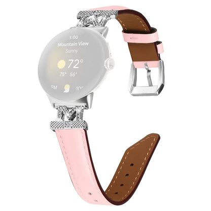 For Google Pixel Watch / Pixel Watch 2 Silver Buckle Genuine Cowhide Leather Watch Strap with M Shape Rhinestone Decor