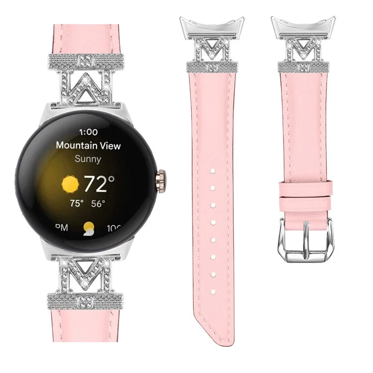 For Google Pixel Watch / Pixel Watch 2 Silver Buckle Genuine Cowhide Leather Watch Strap with M Shape Rhinestone Decor