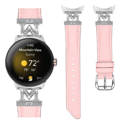 For Google Pixel Watch / Pixel Watch 2 Silver Buckle Genuine Cowhide Leather Watch Strap with M Shape Rhinestone Decor