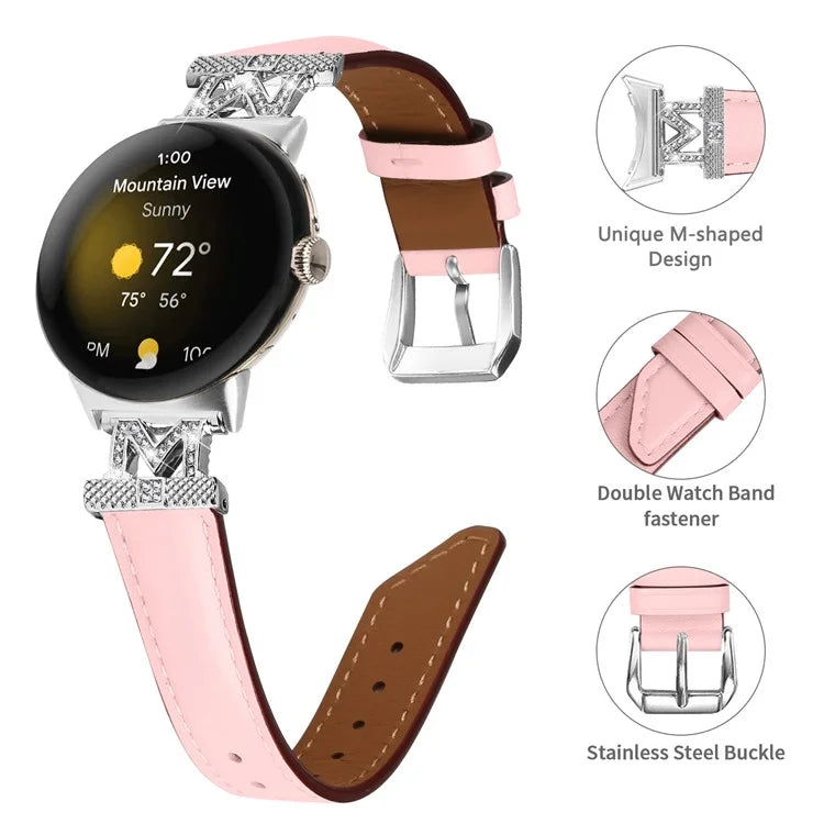 For Google Pixel Watch / Pixel Watch 2 Silver Buckle Genuine Cowhide Leather Watch Strap with M Shape Rhinestone Decor