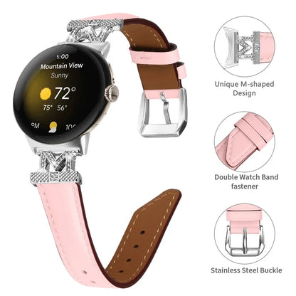 For Google Pixel Watch / Pixel Watch 2 Silver Buckle Genuine Cowhide Leather Watch Strap with M Shape Rhinestone Decor