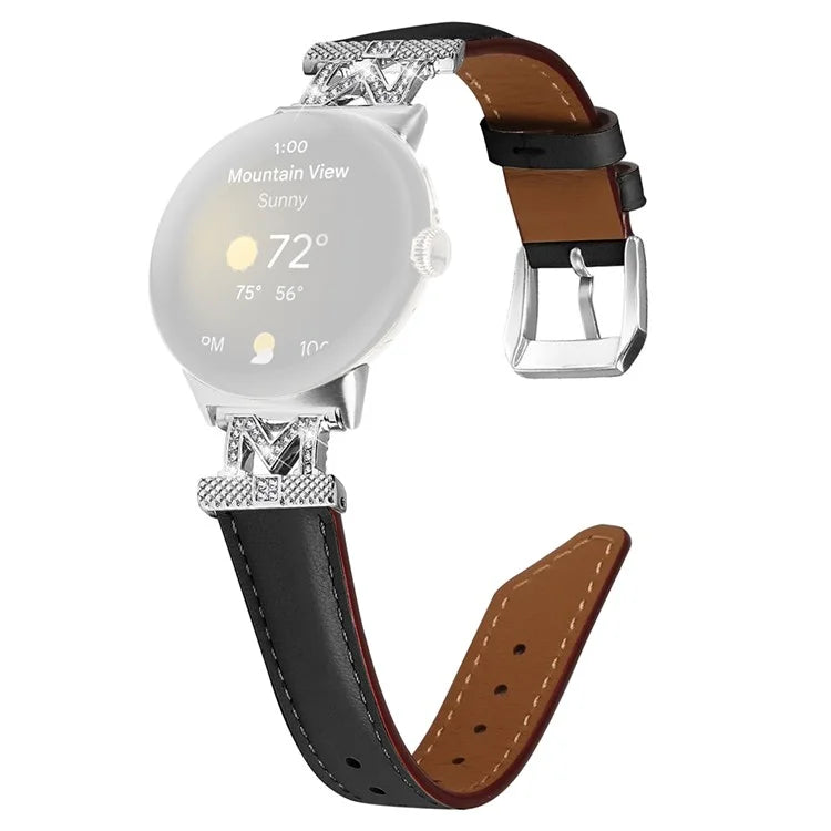 For Google Pixel Watch / Pixel Watch 2 Silver Buckle Genuine Cowhide Leather Watch Strap with M Shape Rhinestone Decor
