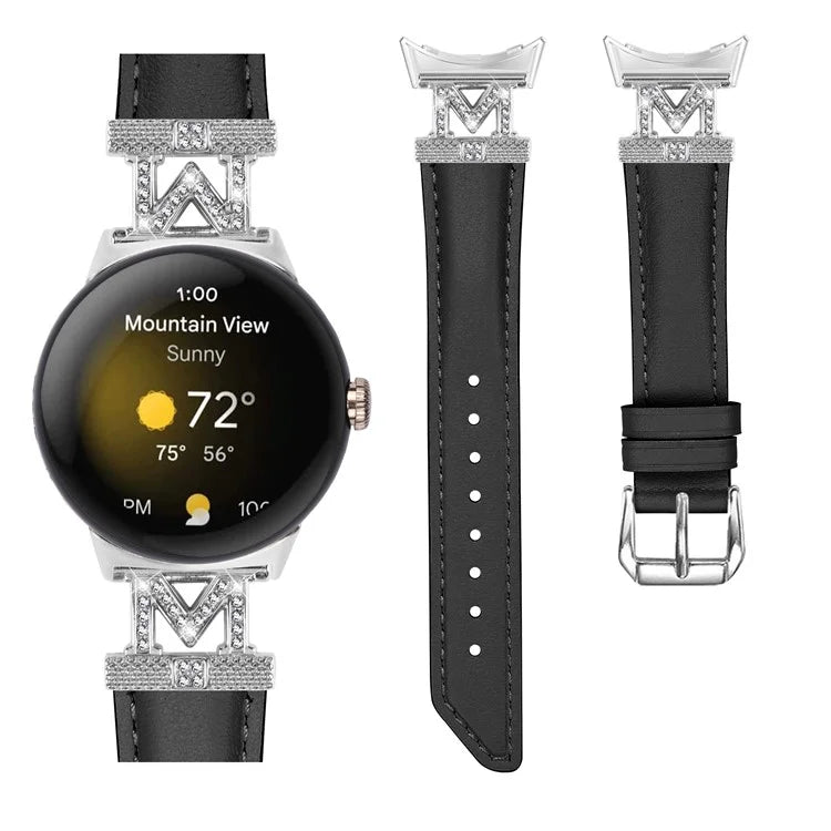 For Google Pixel Watch / Pixel Watch 2 Silver Buckle Genuine Cowhide Leather Watch Strap with M Shape Rhinestone Decor