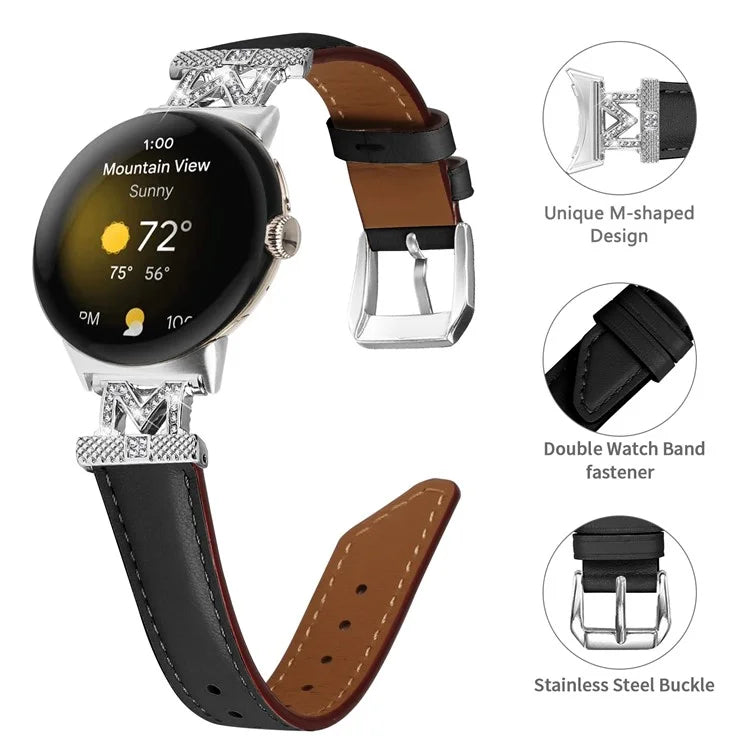 For Google Pixel Watch / Pixel Watch 2 Silver Buckle Genuine Cowhide Leather Watch Strap with M Shape Rhinestone Decor