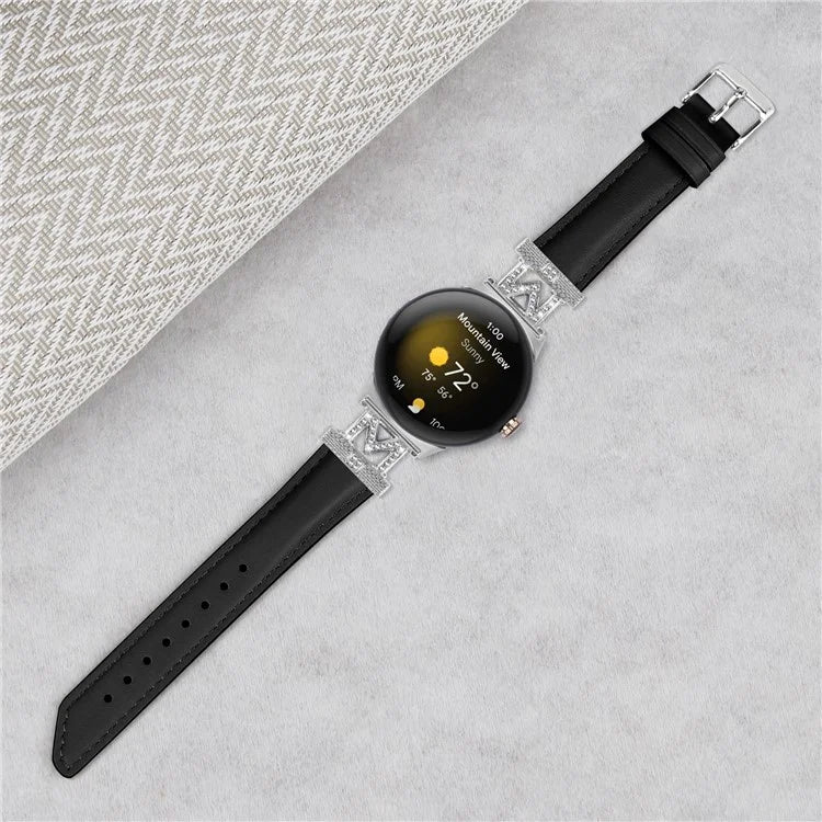 For Google Pixel Watch / Pixel Watch 2 Silver Buckle Genuine Cowhide Leather Watch Strap with M Shape Rhinestone Decor