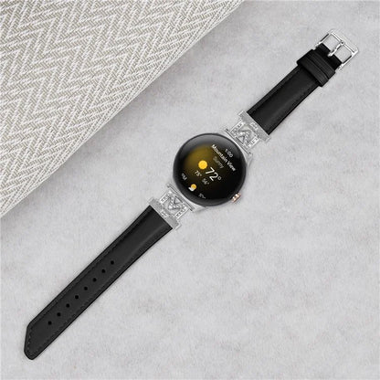 For Google Pixel Watch / Pixel Watch 2 Silver Buckle Genuine Cowhide Leather Watch Strap with M Shape Rhinestone Decor
