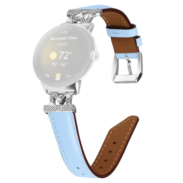 For Google Pixel Watch / Pixel Watch 2 Silver Buckle Genuine Cowhide Leather Watch Strap with M Shape Rhinestone Decor