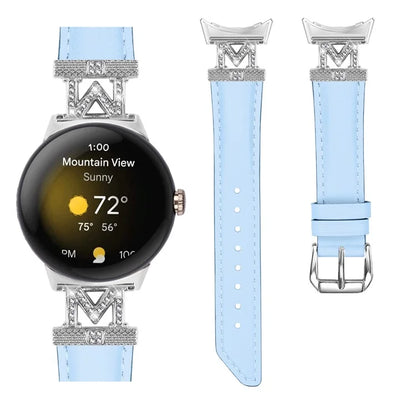 For Google Pixel Watch / Pixel Watch 2 Silver Buckle Genuine Cowhide Leather Watch Strap with M Shape Rhinestone Decor