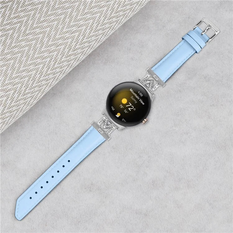 For Google Pixel Watch / Pixel Watch 2 Silver Buckle Genuine Cowhide Leather Watch Strap with M Shape Rhinestone Decor