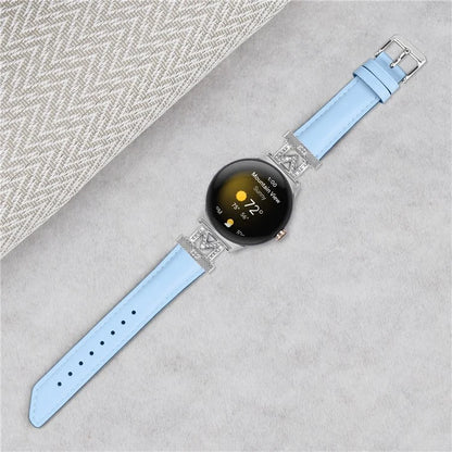 For Google Pixel Watch / Pixel Watch 2 Silver Buckle Genuine Cowhide Leather Watch Strap with M Shape Rhinestone Decor