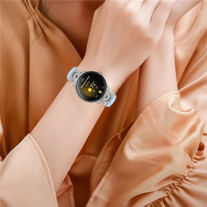 For Google Pixel Watch / Pixel Watch 2 Silver Buckle Genuine Cowhide Leather Watch Strap with M Shape Rhinestone Decor