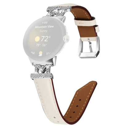 For Google Pixel Watch / Pixel Watch 2 Silver Buckle Genuine Cowhide Leather Watch Strap with M Shape Rhinestone Decor