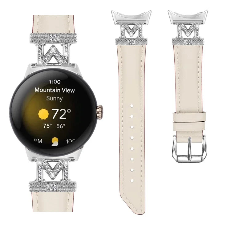 For Google Pixel Watch / Pixel Watch 2 Silver Buckle Genuine Cowhide Leather Watch Strap with M Shape Rhinestone Decor