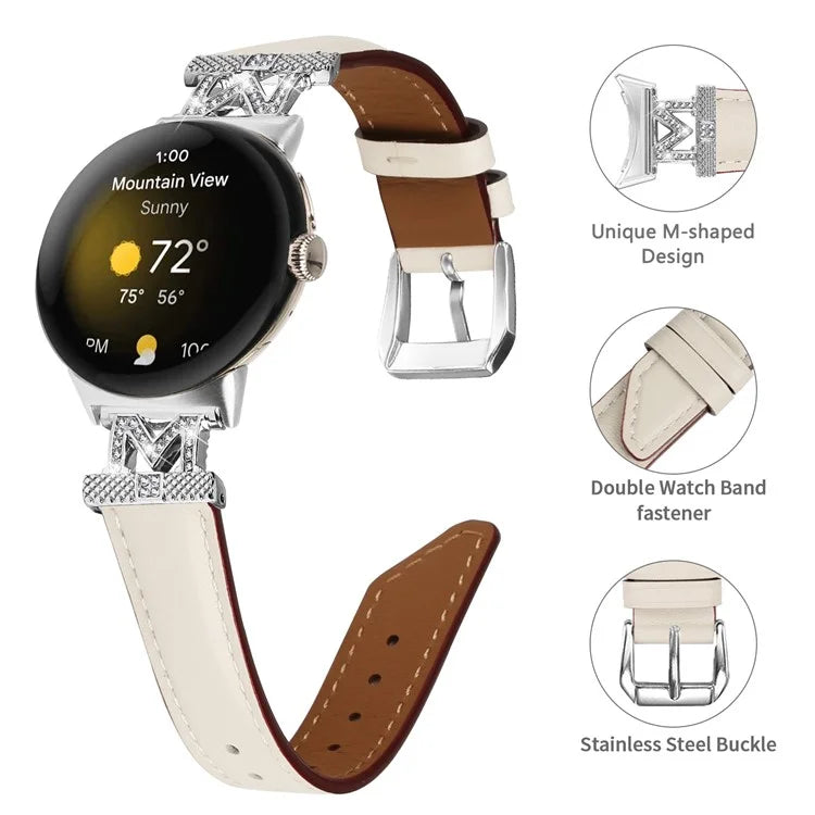 For Google Pixel Watch / Pixel Watch 2 Silver Buckle Genuine Cowhide Leather Watch Strap with M Shape Rhinestone Decor