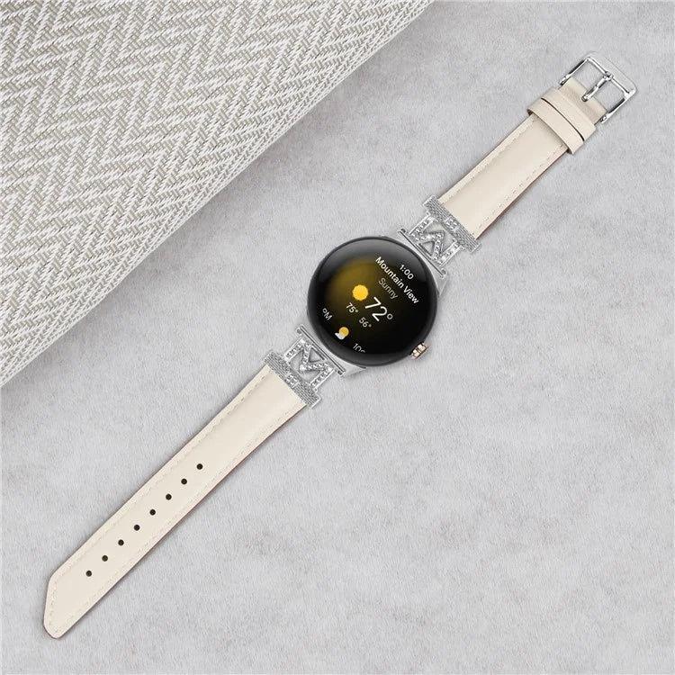 For Google Pixel Watch / Pixel Watch 2 Silver Buckle Genuine Cowhide Leather Watch Strap with M Shape Rhinestone Decor