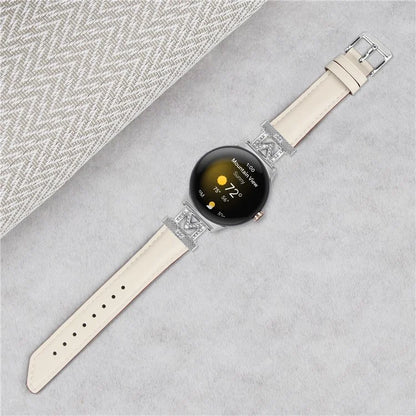 For Google Pixel Watch / Pixel Watch 2 Silver Buckle Genuine Cowhide Leather Watch Strap with M Shape Rhinestone Decor