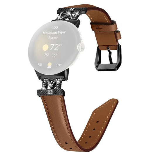 Watch Band for Google Pixel Watch / Pixel Watch 2 Black Buckle Genuine Cowhide Leather Strap with M Shape Rhinestone Decor