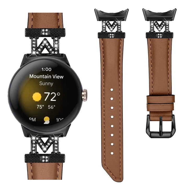 Watch Band for Google Pixel Watch / Pixel Watch 2 Black Buckle Genuine Cowhide Leather Strap with M Shape Rhinestone Decor