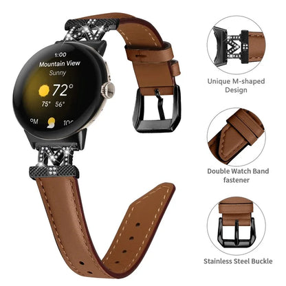 Watch Band for Google Pixel Watch / Pixel Watch 2 Black Buckle Genuine Cowhide Leather Strap with M Shape Rhinestone Decor