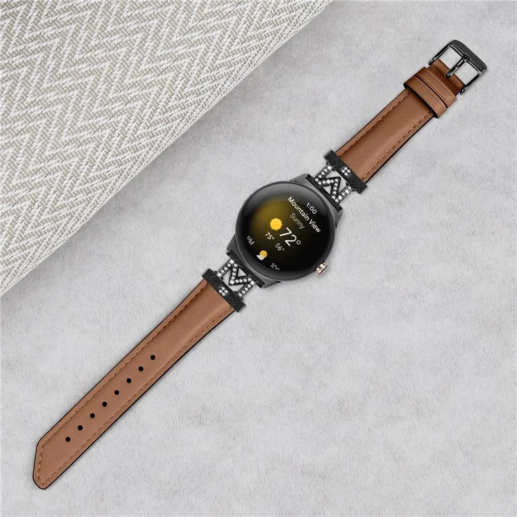 Watch Band for Google Pixel Watch / Pixel Watch 2 Black Buckle Genuine Cowhide Leather Strap with M Shape Rhinestone Decor
