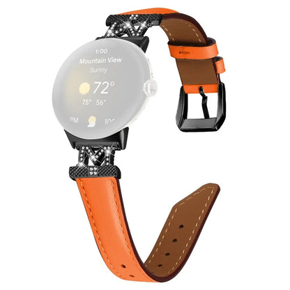 Watch Band for Google Pixel Watch / Pixel Watch 2 Black Buckle Genuine Cowhide Leather Strap with M Shape Rhinestone Decor