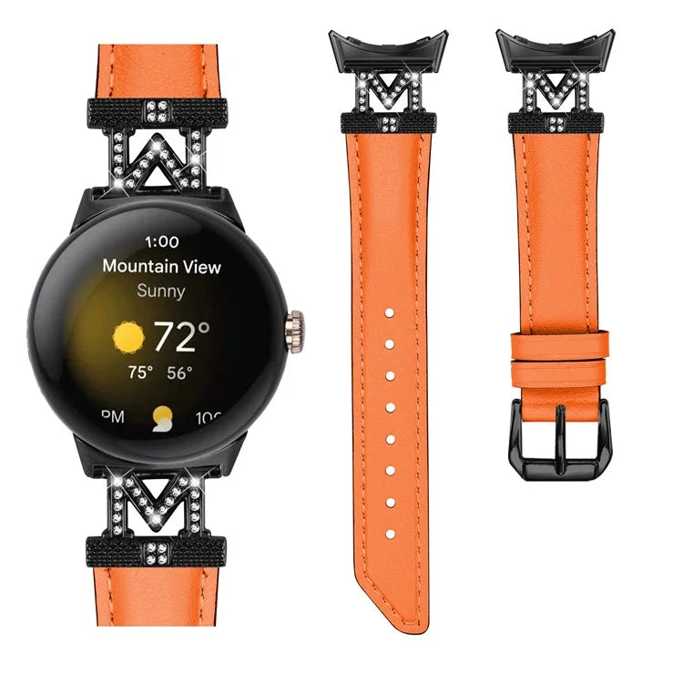 Watch Band for Google Pixel Watch / Pixel Watch 2 Black Buckle Genuine Cowhide Leather Strap with M Shape Rhinestone Decor