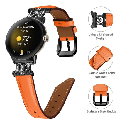 Watch Band for Google Pixel Watch / Pixel Watch 2 Black Buckle Genuine Cowhide Leather Strap with M Shape Rhinestone Decor
