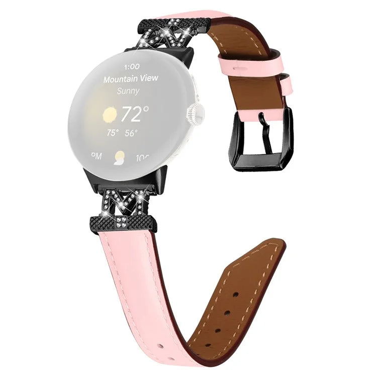 Watch Band for Google Pixel Watch / Pixel Watch 2 Black Buckle Genuine Cowhide Leather Strap with M Shape Rhinestone Decor