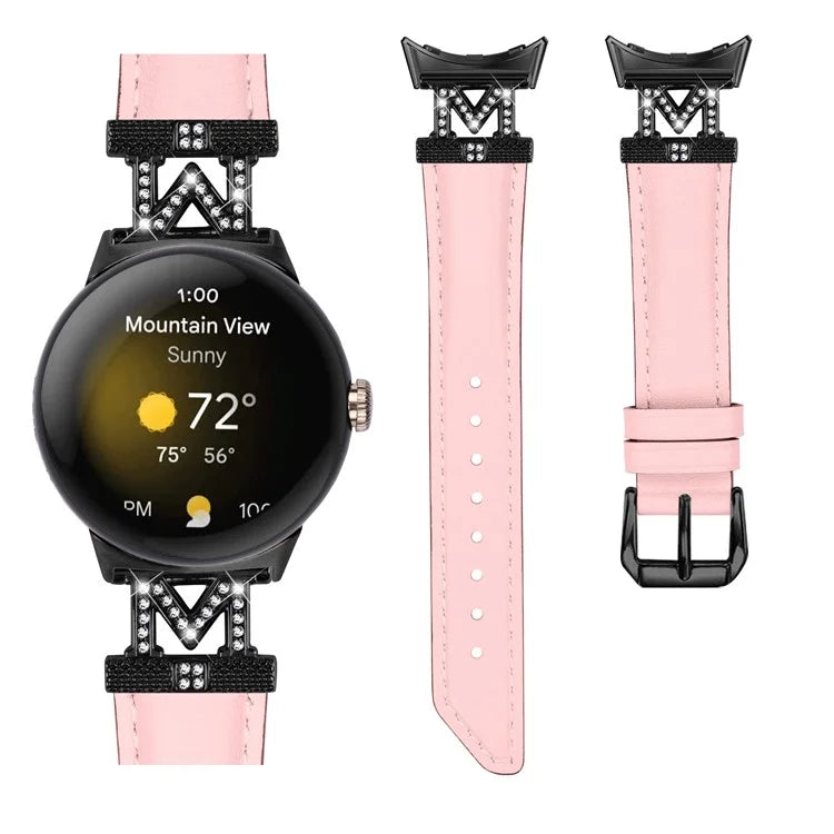 Watch Band for Google Pixel Watch / Pixel Watch 2 Black Buckle Genuine Cowhide Leather Strap with M Shape Rhinestone Decor