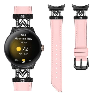 Watch Band for Google Pixel Watch / Pixel Watch 2 Black Buckle Genuine Cowhide Leather Strap with M Shape Rhinestone Decor
