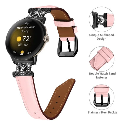 Watch Band for Google Pixel Watch / Pixel Watch 2 Black Buckle Genuine Cowhide Leather Strap with M Shape Rhinestone Decor