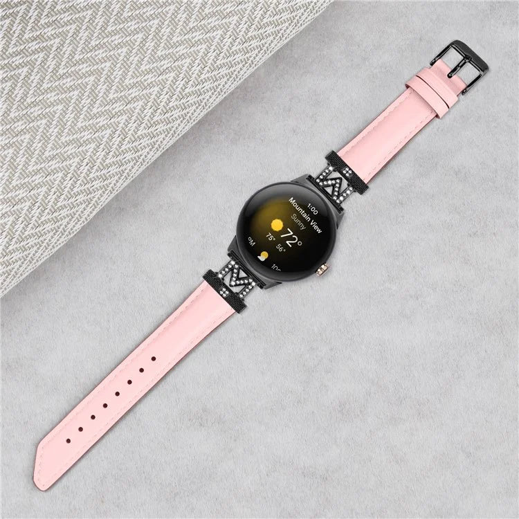 Watch Band for Google Pixel Watch / Pixel Watch 2 Black Buckle Genuine Cowhide Leather Strap with M Shape Rhinestone Decor
