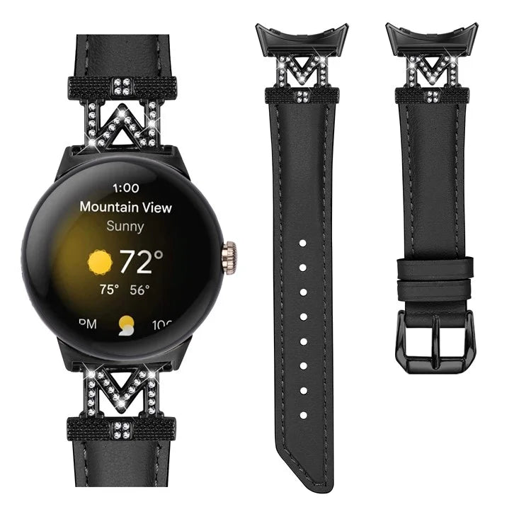 Watch Band for Google Pixel Watch / Pixel Watch 2 Black Buckle Genuine Cowhide Leather Strap with M Shape Rhinestone Decor