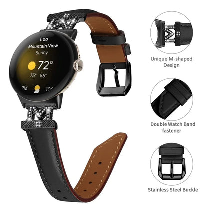 Watch Band for Google Pixel Watch / Pixel Watch 2 Black Buckle Genuine Cowhide Leather Strap with M Shape Rhinestone Decor