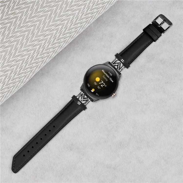 Watch Band for Google Pixel Watch / Pixel Watch 2 Black Buckle Genuine Cowhide Leather Strap with M Shape Rhinestone Decor